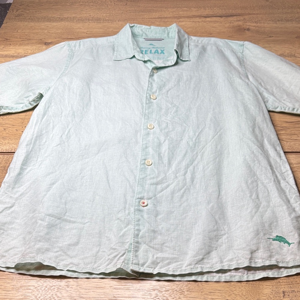 Men’s Tommy Bahama 100% Linen Light Green Casual Button Down Shirt Size Large